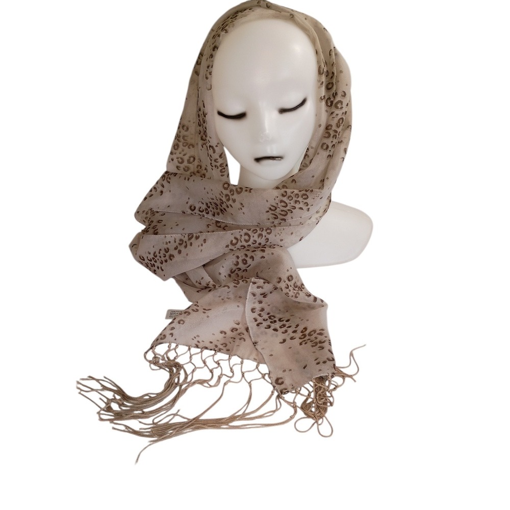 Studio 36 Tan Brown Leopard Print Fringed Scarf Lightweight Sheer Animal Print